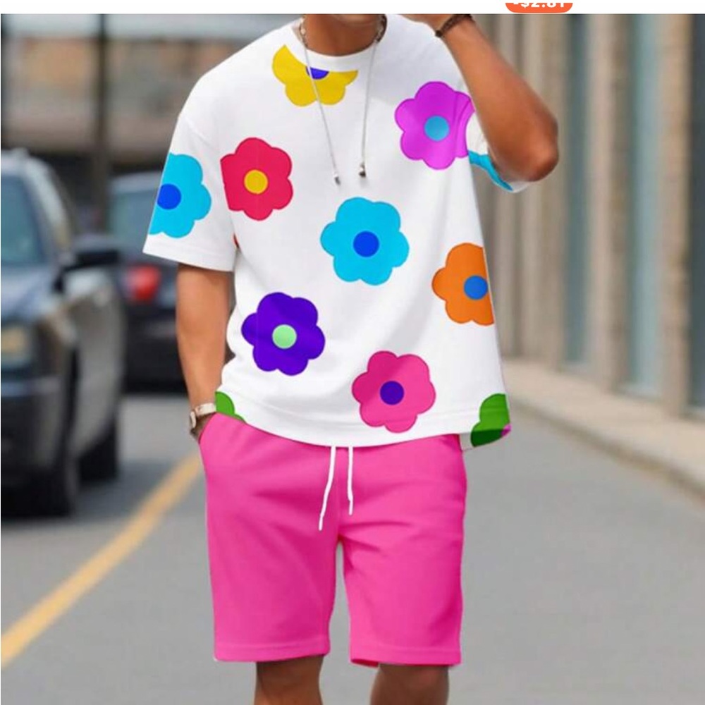 Colorful Floral T-Shirt and Pink Shorts Set